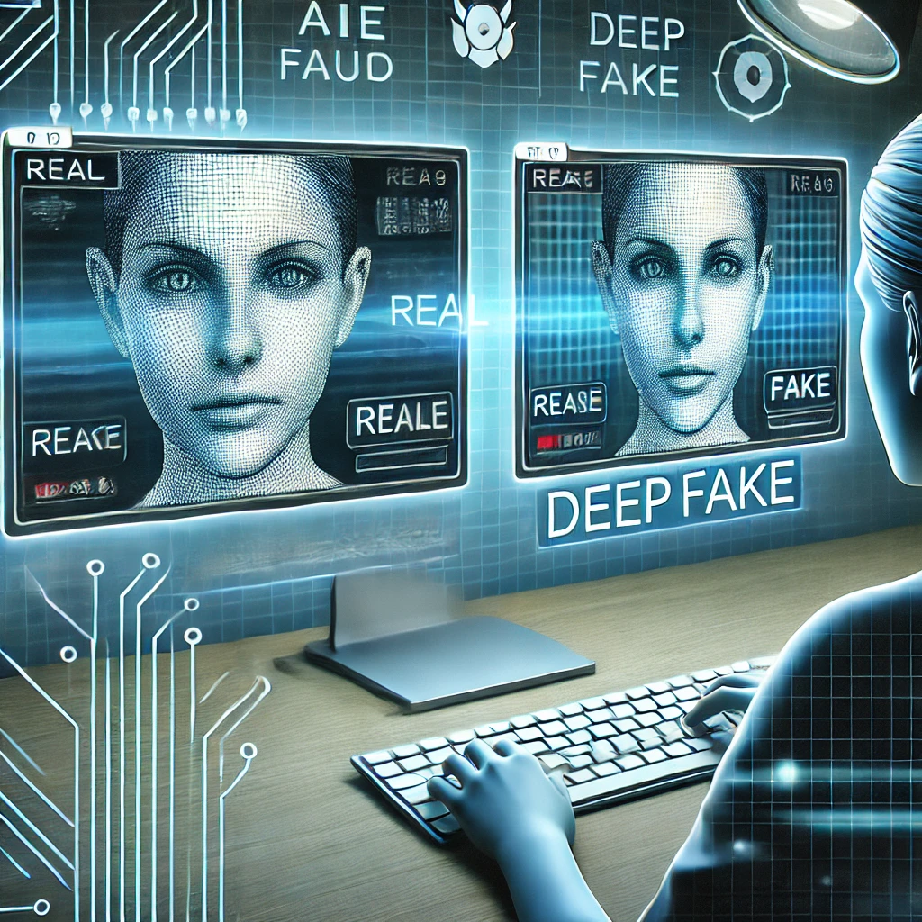 A futuristic illustration of a person viewing two identical video feeds on a computer screen, one real and the other a deepfake with glitches. The background is adorned with a web of digital circuits and cybersecurity icons, highlighting the concept of AI fraud detection.