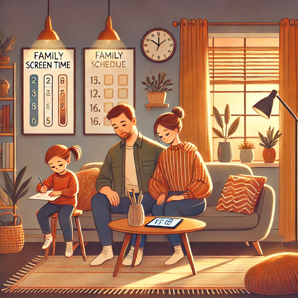 A cozy and heartwarming illustration of a family managing children's screen time in a living room with warm, inviting colors. The parents are seated with their two children: one is drawing on paper, and the other is using a tablet with a timer displayed. The room features soft lighting, earthy tones, and comfortable furniture accented with pillows and blankets. A family schedule is subtly displayed on the wall, creating a harmonious and loving atmosphere.