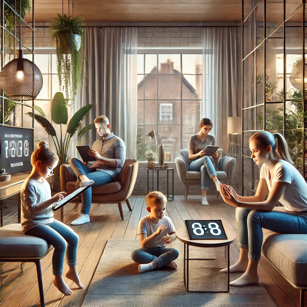 A detailed illustration of a family managing children's screen time in a cozy, modern living room. The parents are engaging with their two children: one is playing a board game, and the other is using a tablet with a visible timer. The space features stylish furniture, indoor plants, and natural light streaming through large windows, creating a warm and harmonious atmosphere that emphasizes family connection and balanced screen time.












