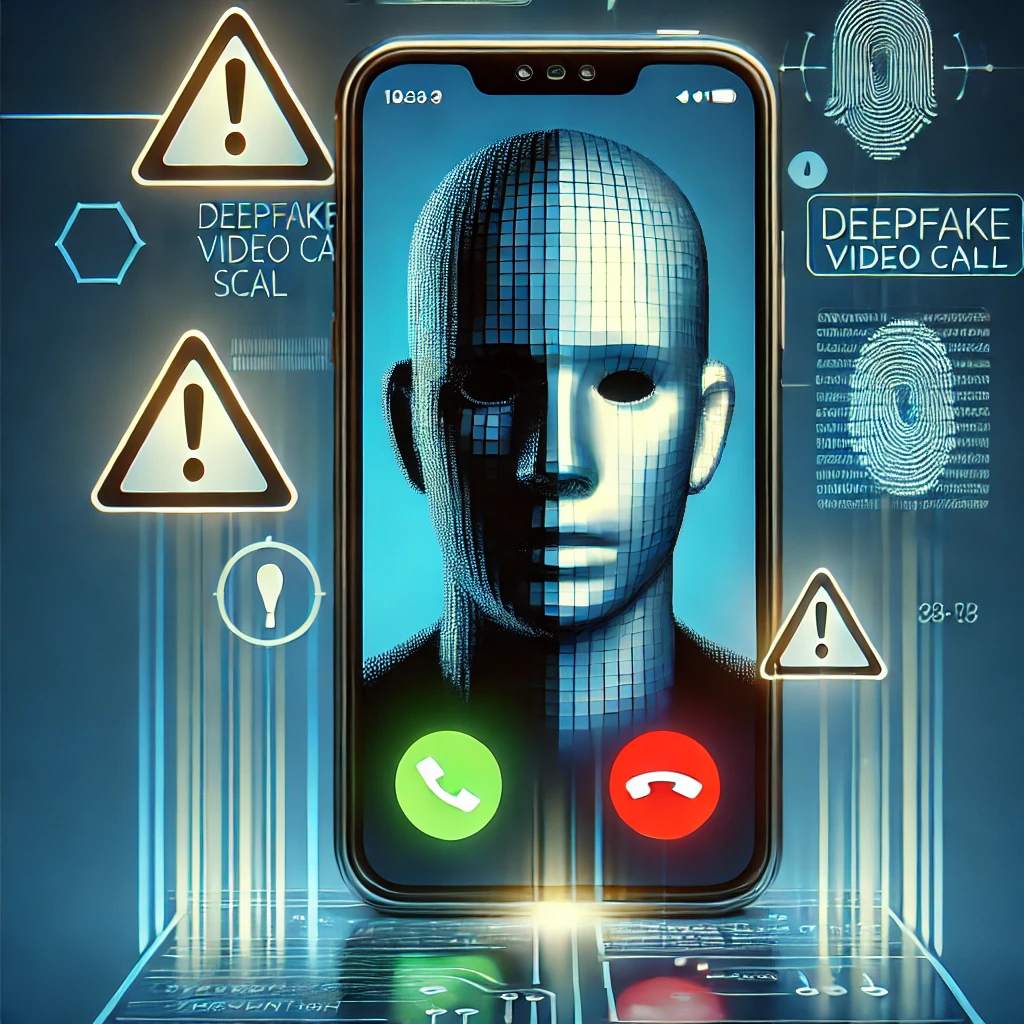 A modern illustration of a smartphone displaying a fake video call with a distorted face, symbolizing a deepfake scam. The background features glowing warning symbols like exclamation marks and shields, representing cybersecurity awareness and fraud prevention.
