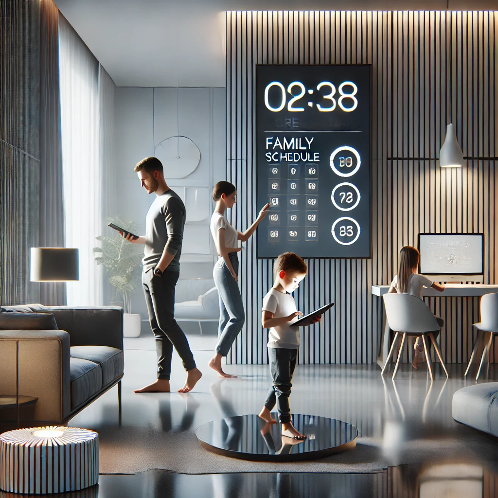 A modern illustration of a family managing children's screen time in a sleek, minimalist living room. The parents are guiding two children: one child is reading a book, and the other is using a tablet with a visible timer. The room features clean lines, neutral colors, and elegant furniture, with a subtle family schedule displayed on a wall panel. The lighting is soft and harmonious, creating a balanced and polished atmosphere.