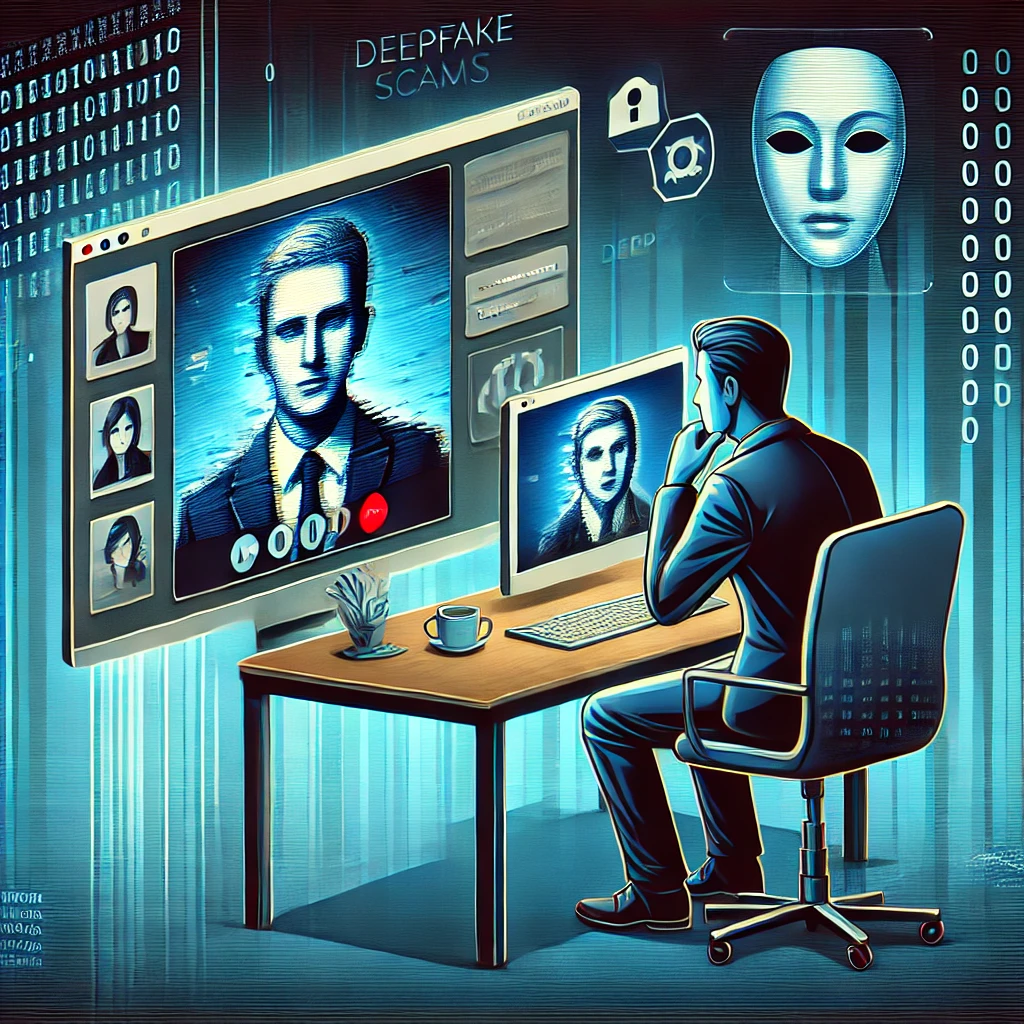 An illustration of a person sitting at a computer with a concerned expression, looking at a video call screen displaying a suspicious face with glitches and distorted pixels, representing a deepfake. The background includes subtle digital elements like binary code and AI symbols, emphasizing the theme of cybersecurity and avoiding deepfake scams