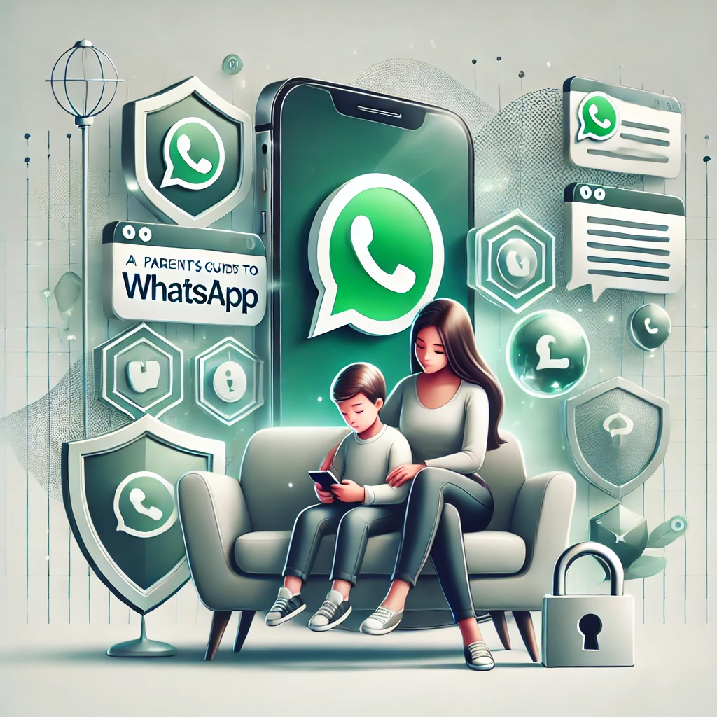 A modern illustration depicting a parent and child sitting together on a sleek couch, looking at a smartphone displaying the WhatsApp interface. Surrounding them are holographic elements such as chat bubbles, shield icons, and locks, symbolizing safety and trust. The design features a clean, futuristic aesthetic with a soft color palette of greens, whites, and grays, reflecting the theme of digital connection and security.