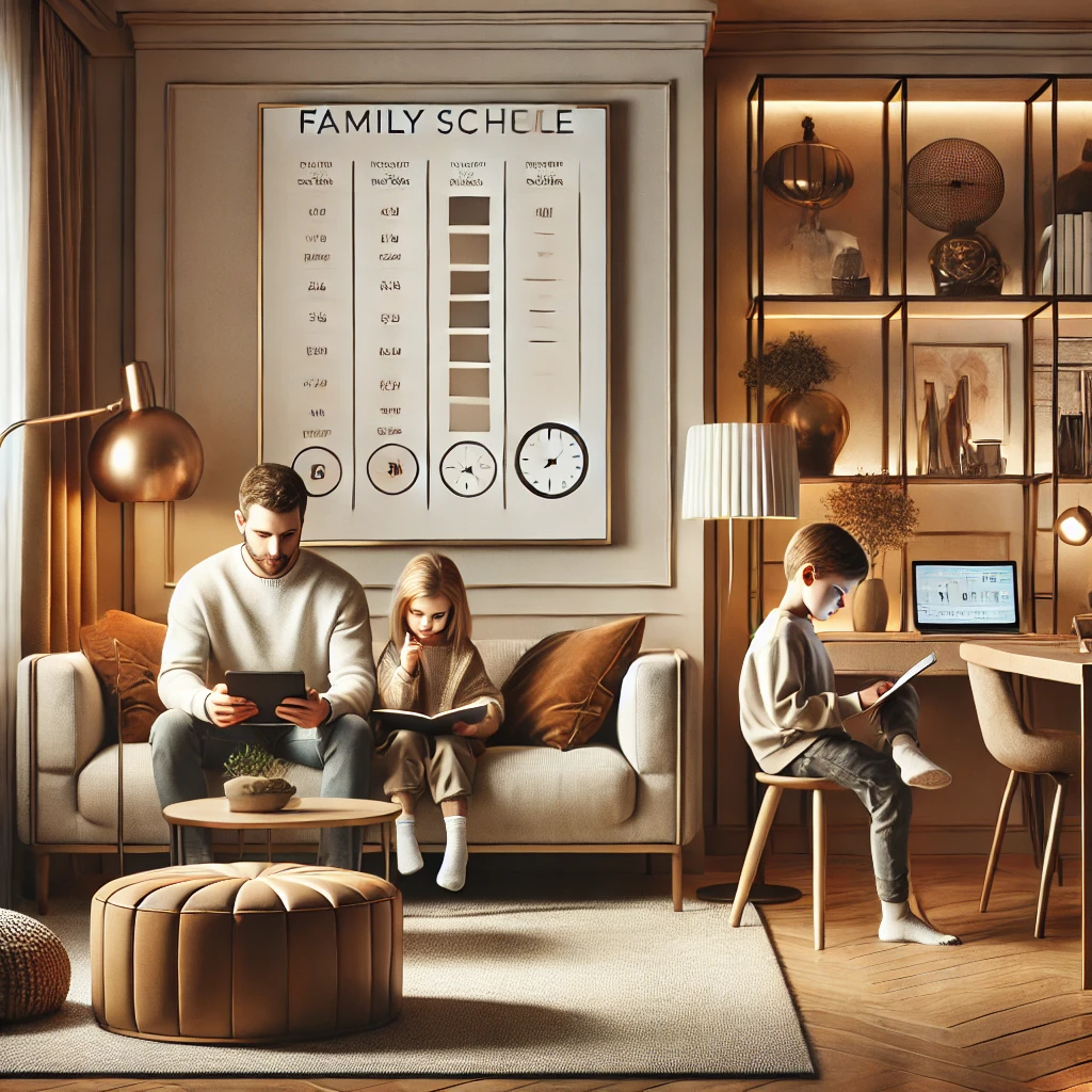 A sleek and refined illustration of a family managing children's screen time in a stylish, modern living room with warm, earthy tones. The parents are sitting with their two children: one is engaged in a creative activity like drawing, and the other is using a tablet with a visible timer. The room features clean-lined furniture, elegant lighting, and soft textures such as throw blankets and cushions. A neatly designed family schedule is displayed on the wall, emphasizing balance and connection in a sophisticated setting.