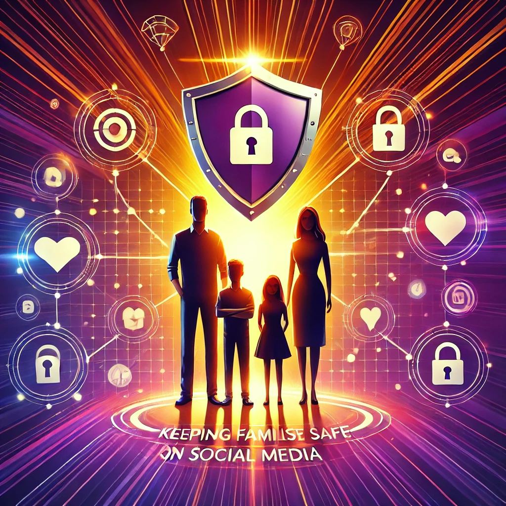 A striking and modern illustration for a book cover titled Keeping Families Safe on Social Media. The central focus is a family of four parents and children