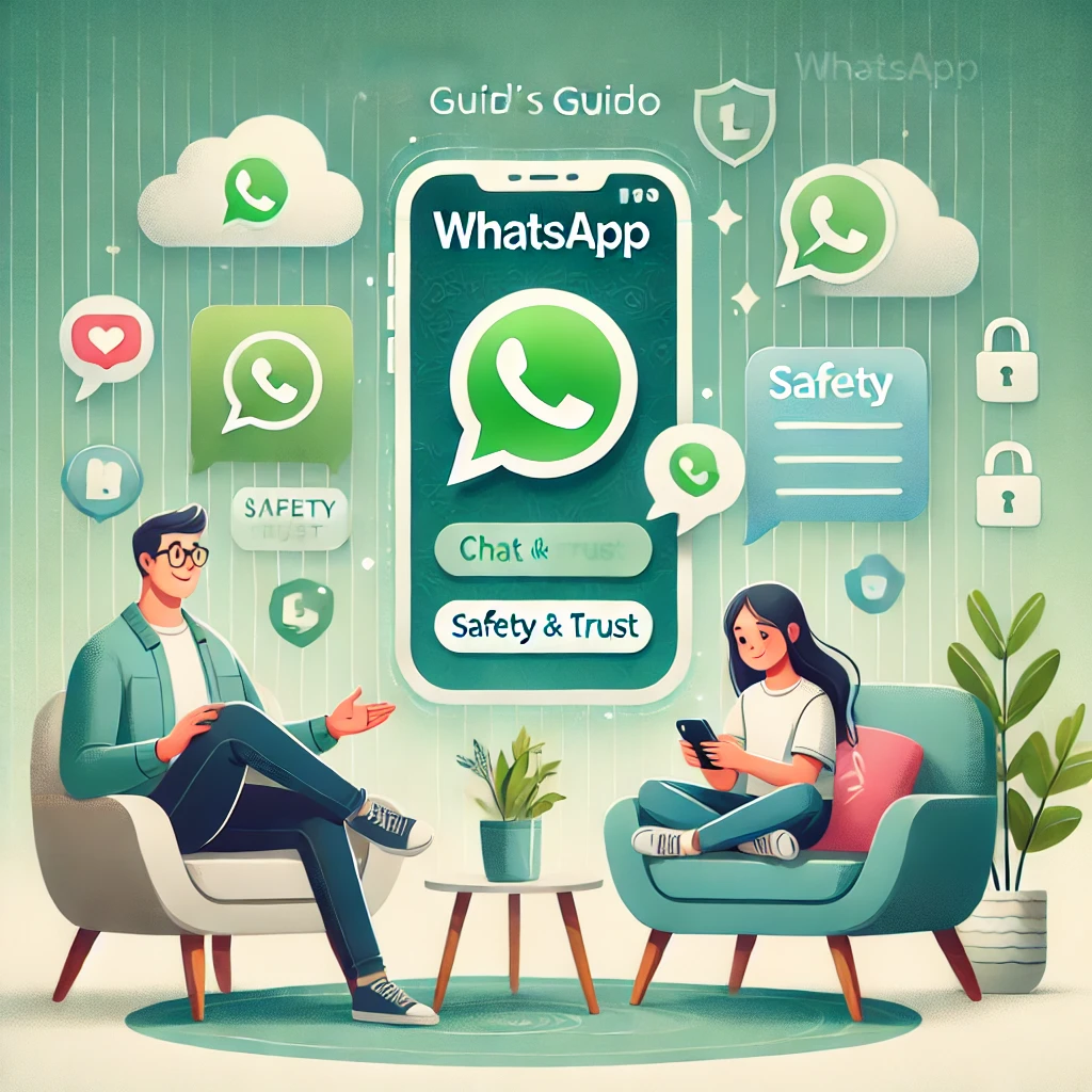 An illustration of a parent and a tween sitting on modern chairs in a cozy living room. The tween is holding a smartphone displaying the WhatsApp interface, while the parent engages in conversation. Holographic elements such as chat bubbles, shields, and locks surround them, symbolizing safety and connection. The design features soft greens, whites, and pastel tones inspired by WhatsApp branding, emphasizing a secure and friendly environment.