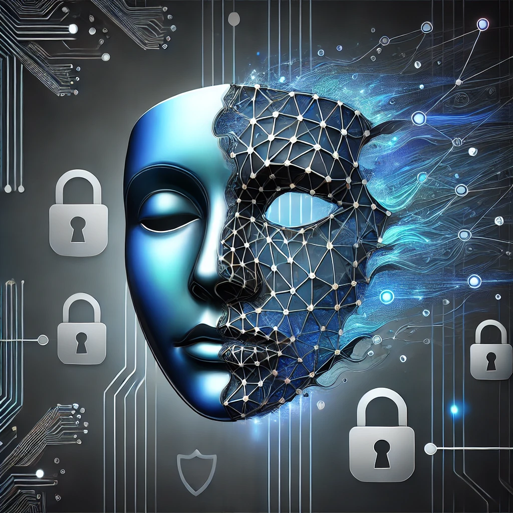An artistic illustration of a digital mask peeling off a face, symbolizing the detection of deepfake scams. The background includes interconnected nodes and cybersecurity symbols like shields and locks. The sleek design uses blue, silver, and black tones to highlight technology and vigilance.
