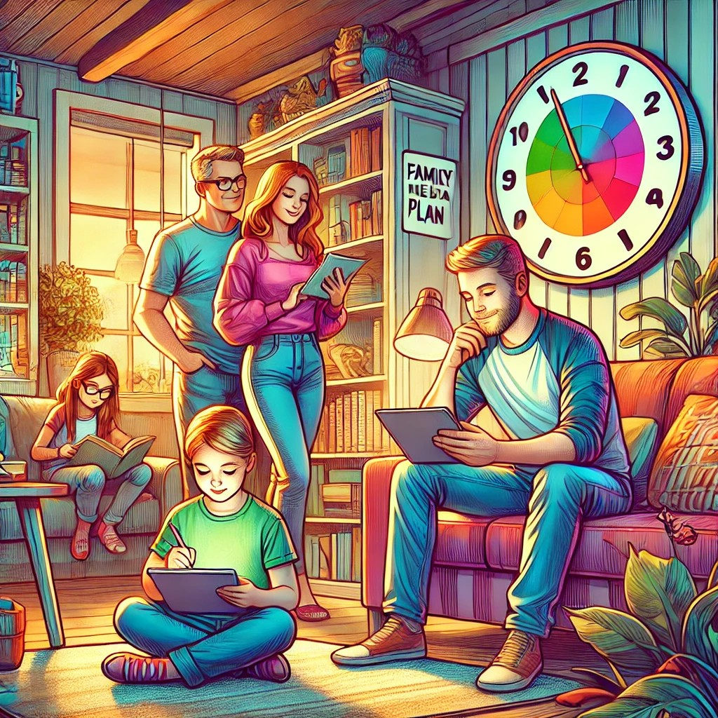 A family where the members are reading books and looking at tablets. In the background is a huge clock that represents timing activities.