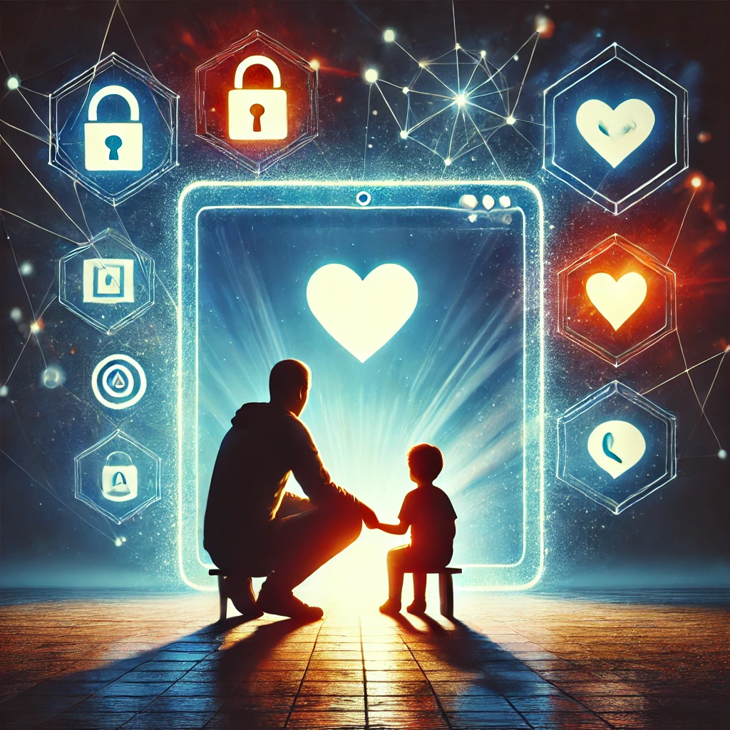 Parent kneeling beside their child, both facing a glowing screen surrounded by icons representing digital risks and connections. The atmosphere is serious yet hopeful, symbolizing guidance and awareness.