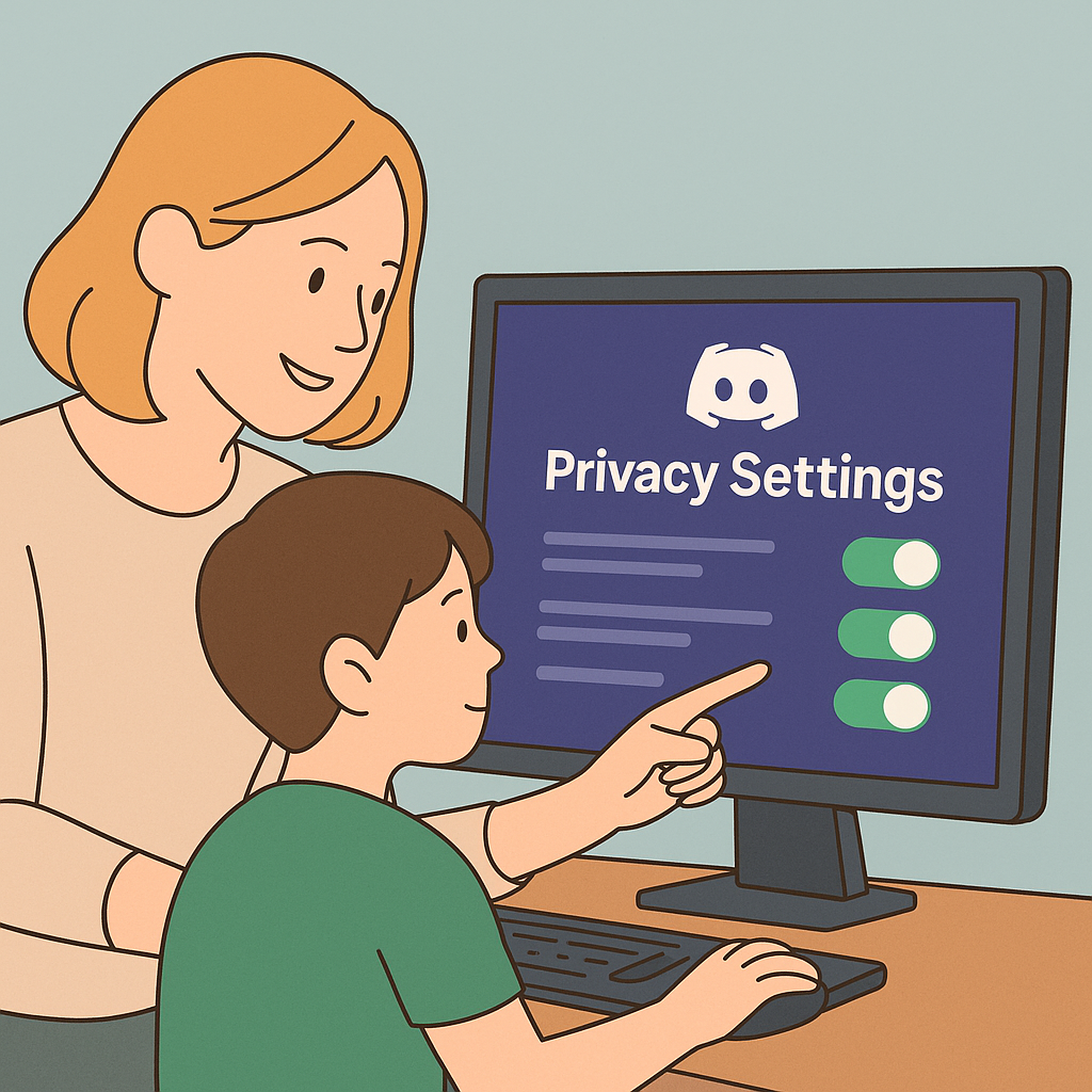Parent guiding child through Discord privacy settings on a computer screen