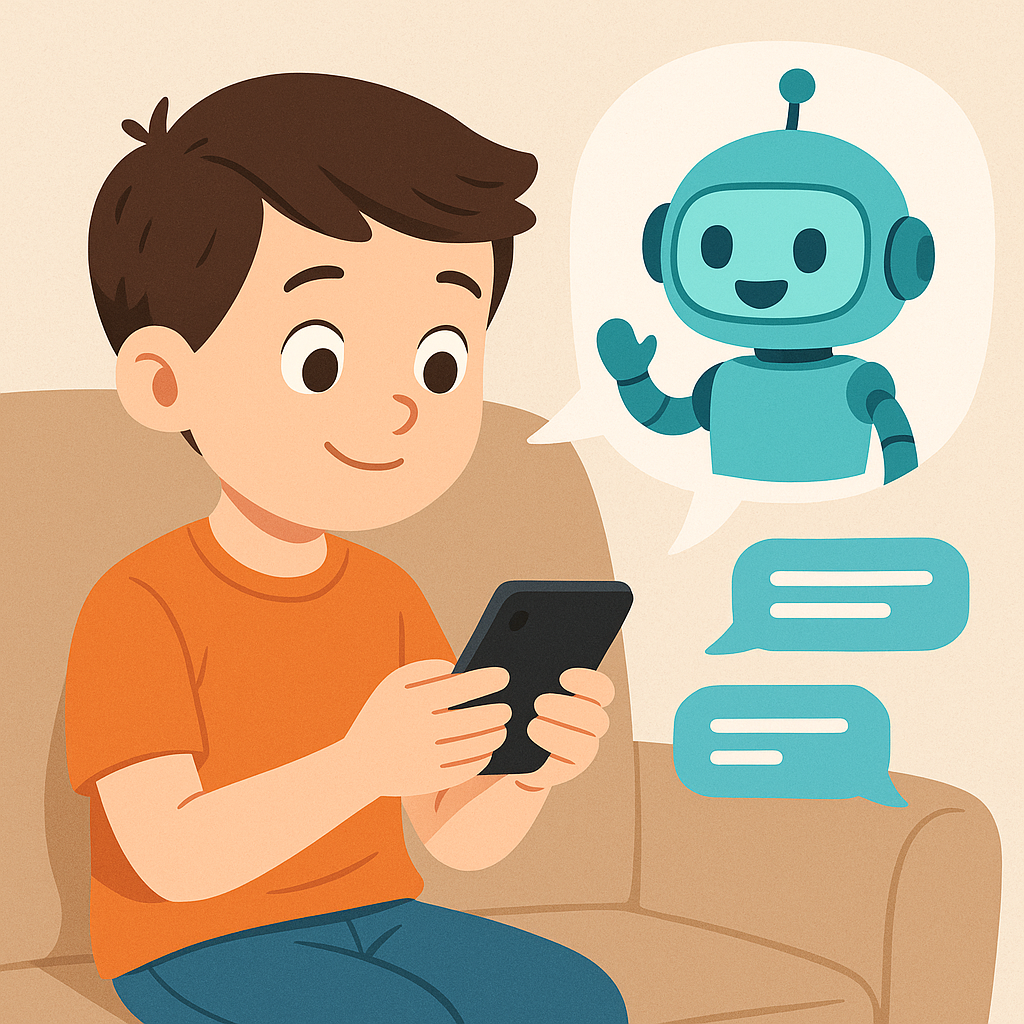 A child chatting with a cartoon robot on a smartphone, representing the topic of AI chatbots and children