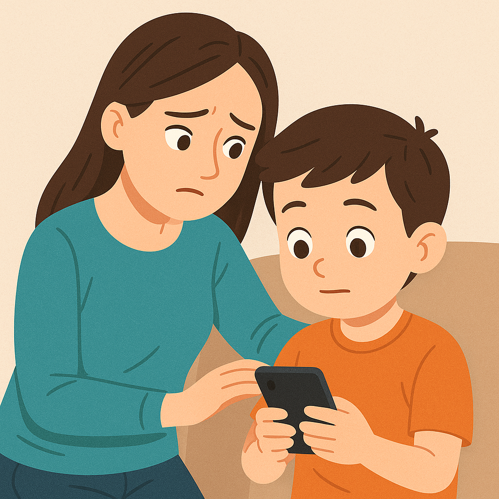 Concerned parent gently looking over child’s shoulder while the child uses a smartphone, illustrating safe digital parenting.